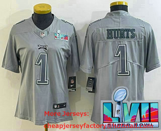 Women's Philadelphia Eagles #1 Jalen Hurts Gray Super Bowl LVII Patch Atmosphere Fashion Stitched Jersey