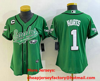 Women's Philadelphia Eagles #1 Jalen Hurts Green C Patch Cool Base Stitched Baseball Jersey 01