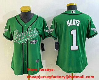 Women's Philadelphia Eagles #1 Jalen Hurts Green Cool Base Stitched Baseball Jersey