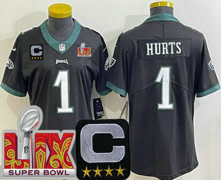 Women's Philadelphia Eagles #1 Jalen Hurts Limited Black C Patch Super Bowl LIX Vapor Jersey