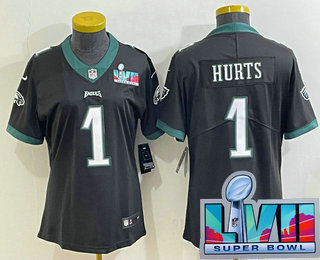 Women's Philadelphia Eagles #1 Jalen Hurts Limited Black Super Bowl LVII Vapor Jersey