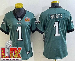 Women's Philadelphia Eagles #1 Jalen Hurts Limited Green Super Bowl LIX Vapor Jersey
