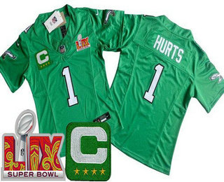 Women's Philadelphia Eagles #1 Jalen Hurts Limited Kelly Green C Patch Super Bowl LIX Vapor FUSE Jersey