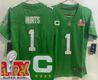 Women's Philadelphia Eagles #1 Jalen Hurts Limited Kelly Green C Patch Super Bowl LIX Vapor Jersey