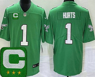 Women's Philadelphia Eagles #1 Jalen Hurts Limited Kelly Green C Patch Vapor Jersey