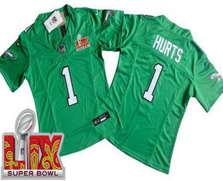 Women's Philadelphia Eagles #1 Jalen Hurts Limited Kelly Green Super Bowl LIX Vapor FUSE Jersey