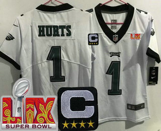 Women's Philadelphia Eagles #1 Jalen Hurts Limited White C Patch Super Bowl LIX Vapor Jersey