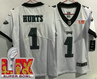 Women's Philadelphia Eagles #1 Jalen Hurts Limited White Super Bowl LIX Vapor Jersey