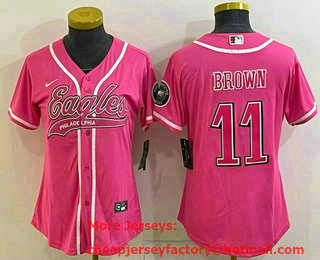 Women's Philadelphia Eagles #11 AJ Brown Pink With Patch Cool Base Stitched Baseball Jersey