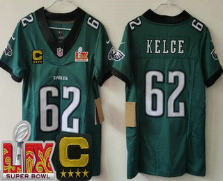 Women's Philadelphia Eagles #62 Jason Kelce Limited Green C Patch Super Bowl LIX Vapor FUSE Jersey