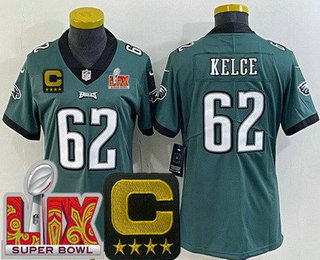 Women's Philadelphia Eagles #62 Jason Kelce Limited Green C Patch Super Bowl LIX Vapor Jersey