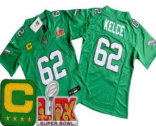 Women's Philadelphia Eagles #62 Jason Kelce Limited Kelly Green C Patch Super Bowl LIX Vapor FUSE Jersey