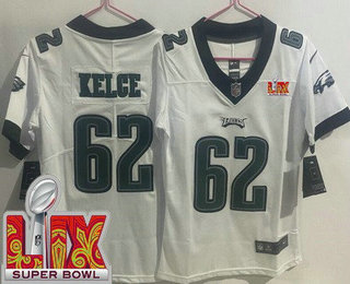 Women's Philadelphia Eagles #62 Jason Kelce Limited White Super Bowl LIX Vapor Jersey