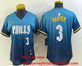 Women's Philadelphia Phillies #3 Bryce Harper Number Blue 2024 City Connect Limited Stitched Jersey