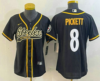 Women's Pittsburgh Steelers #8 Kenny Pickett Black With Patch Cool Base Stitched Baseball Jersey
