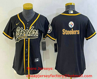 Women's Pittsburgh Steelers Black Team Big Logo With Patch Cool Base Stitched Baseball Jersey