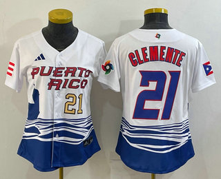 Women's Puerto Rico Baseball #21 Roberto Clemente Number 2023 White World Classic Stitched Jersey 03