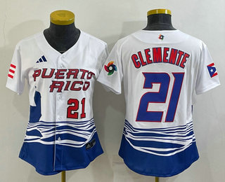 Women's Puerto Rico Baseball #21 Roberto Clemente Number 2023 White World Classic Stitched Jersey 04