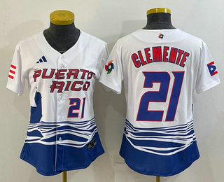 Women's Puerto Rico Baseball #21 Roberto Clemente Number 2023 White World Classic Stitched Jersey 05