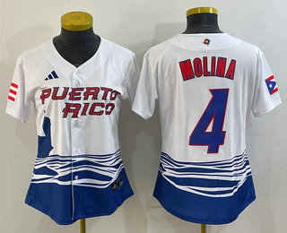 Women's Puerto Rico Baseball #4 Yadier Molina 2023 Red World Classic Stitched Jersey 03