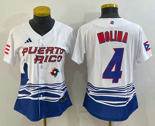 Women's Puerto Rico Baseball #4 Yadier Molina 2023 Red World Classic Stitched Jersey 04