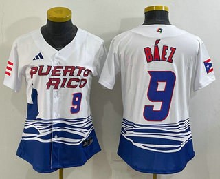 Women's Puerto Rico Baseball #9 Javier Baez Number White 2023 World Baseball Classic Stitched Jersey 02