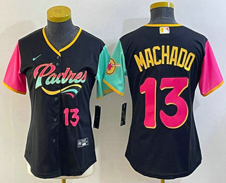 Women's San Diego Padres #13 Manny Machado Black Number 2022 City Connect Cool Base Stitched Jersey 01