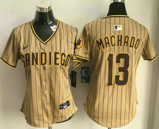 Women's San Diego Padres #13 Manny Machado Khaki Pinstripe Limited Stitched Jersey