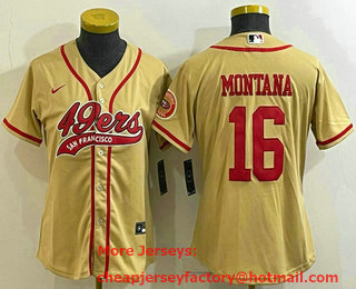 Women's San Francisco 49ers #16 Joe Montana Gold With Patch Cool Base Stitched Baseball Jersey