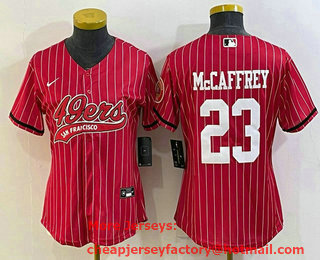 Women's San Francisco 49ers #23 Christian McCaffrey Red Pinstripe With Patch Cool Base Stitched Baseball Jersey