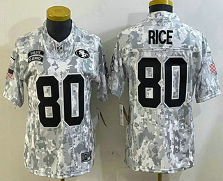 Women's San Francisco 49ers #80 Jerry Rice Arctic Camo 2024 FUSE Salute to Service Limited Stitched Jersey