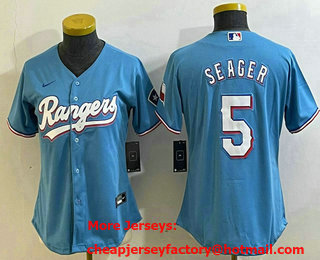 Women's Texas Rangers #5 Corey Seager Light Blue Stitched Cool Base Nike Jersey