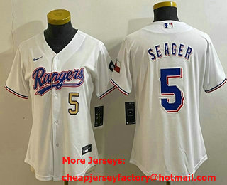 Women's Texas Rangers #5 Corey Seager Number White Team Logo Cool Base Jersey 01