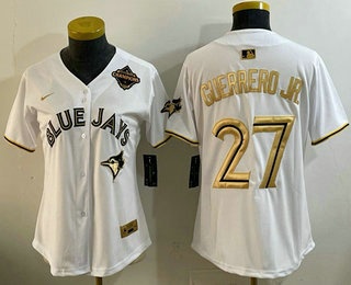 Women's Toronto Blue Jays #27 Vladimir Guerrero Jr White Gold 2025 American League Champions Limited Stitched Jersey