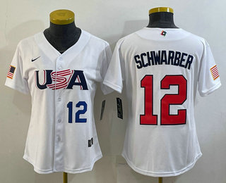 Women's USA Baseball #12 Kyle Schwarber Number 2023 White World Classic Stitched Jersey 01