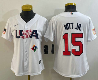 Women's USA Baseball #15 Bobby Witt Jr 2023 White World Classic Replica Stitched Jersey 03