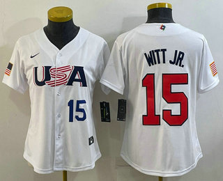 Women's USA Baseball #15 Bobby Witt Jr Number 2023 White World Classic Replica Stitched Jersey 02