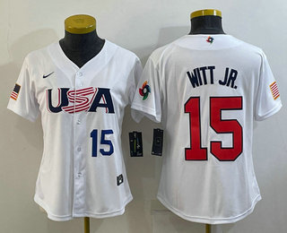 Women's USA Baseball #15 Bobby Witt Jr Number 2023 White World Classic Replica Stitched Jersey 03