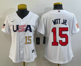 Women's USA Baseball #15 Bobby Witt Jr Number 2023 White World Classic Replica Stitched Jersey 05