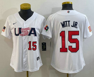 Women's USA Baseball #15 Bobby Witt Jr Number 2023 White World Classic Replica Stitched Jersey 06