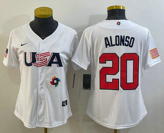 Women's USA Baseball #20 Pete Alonso 2023 White World Classic Stitched Jersey 02
