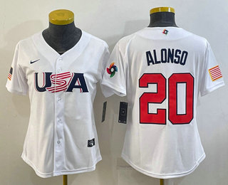 Women's USA Baseball #20 Pete Alonso 2023 White World Classic Stitched Jersey 04