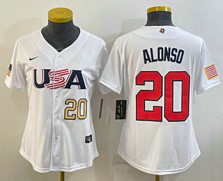 Women's USA Baseball #20 Pete Alonso Number 2023 White World Classic Stitched Jersey 02