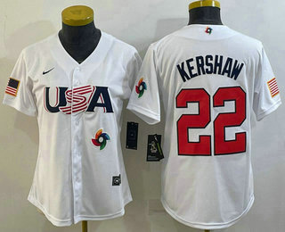 Women's USA Baseball #22 Clayton Kershaw 2023 White World Classic Stitched Jersey 02