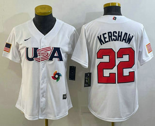 Women's USA Baseball #22 Clayton Kershaw 2023 White World Classic Stitched Jersey 04