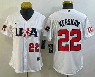 Women's USA Baseball #22 Clayton Kershaw Number 2023 White World Classic Stitched Jersey 03