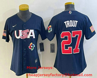 Women's USA Baseball #27 Mike Trout 2023 Navy World Classic Stitched Jersey 02