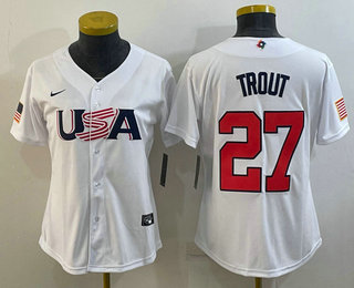 Women's USA Baseball #27 Mike Trout 2023 White World Classic Replica Stitched Jersey 01