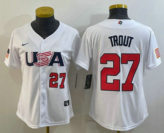 Women's USA Baseball #27 Mike Trout Number 2023 White World Classic Replica Stitched Jersey 02