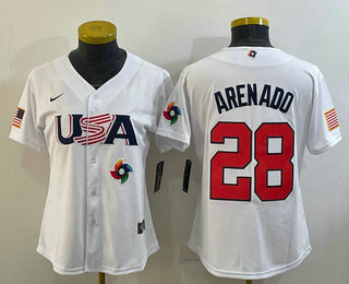 Women's USA Baseball #28 Nolan Arenado 2023 White World Classic Replica Stitched Jersey 04